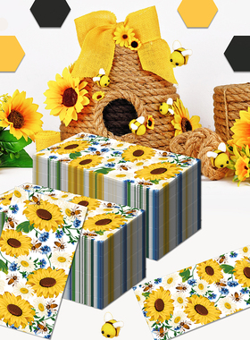 长方形印花餐巾向日葵蜜蜂婚庆生日长纸巾派对节日派对一次性纸巾