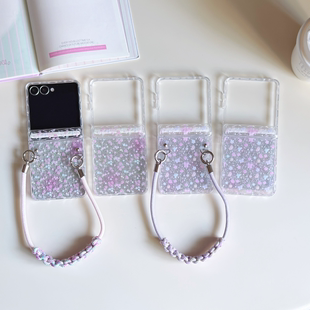 趣味曲边透明波浪纹紫色蔷薇花蝴蝶适用三星GalaxyZFlip7手机壳保护套zflip7折叠屏华为Pura 磁吸中轴 X典藏版