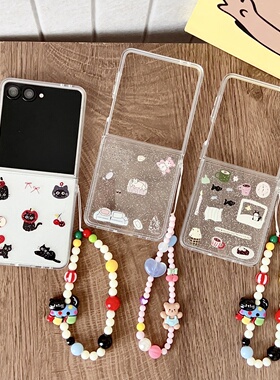 适用韩国三星GalaxyZFlip7/6手机壳全包新款zflip7fe折叠屏w24flip翻盖保护套Flip4/3果冻滴胶苹果黑色小猫咪