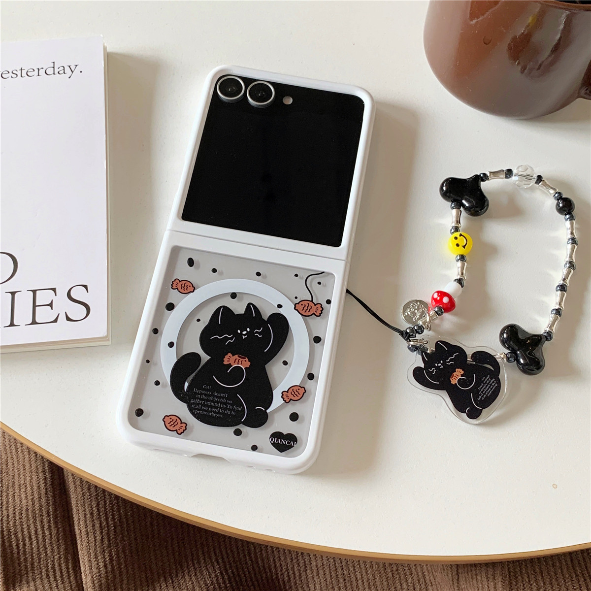 ins卡通鲷鱼烧黑色猫适用三星GalaxyZFlip5折叠屏保护套zflip6磁吸手机壳w24flip全包防摔壳透明新款二合一链