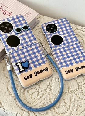 ins贴皮蓝色格子英文立体墨镜适用华为pocket2手机壳折叠屏摩托罗拉razr50/60ultra手提绳防摔oppofindn3flip