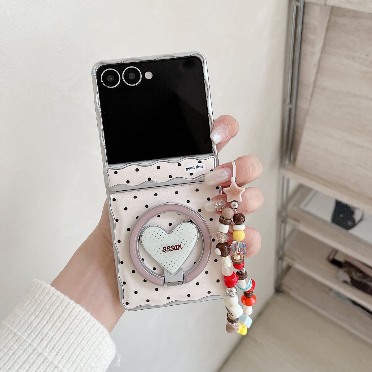 贴皮鼓包米白波点磁吸支架适用三星GalaxyZFlip7手机壳保