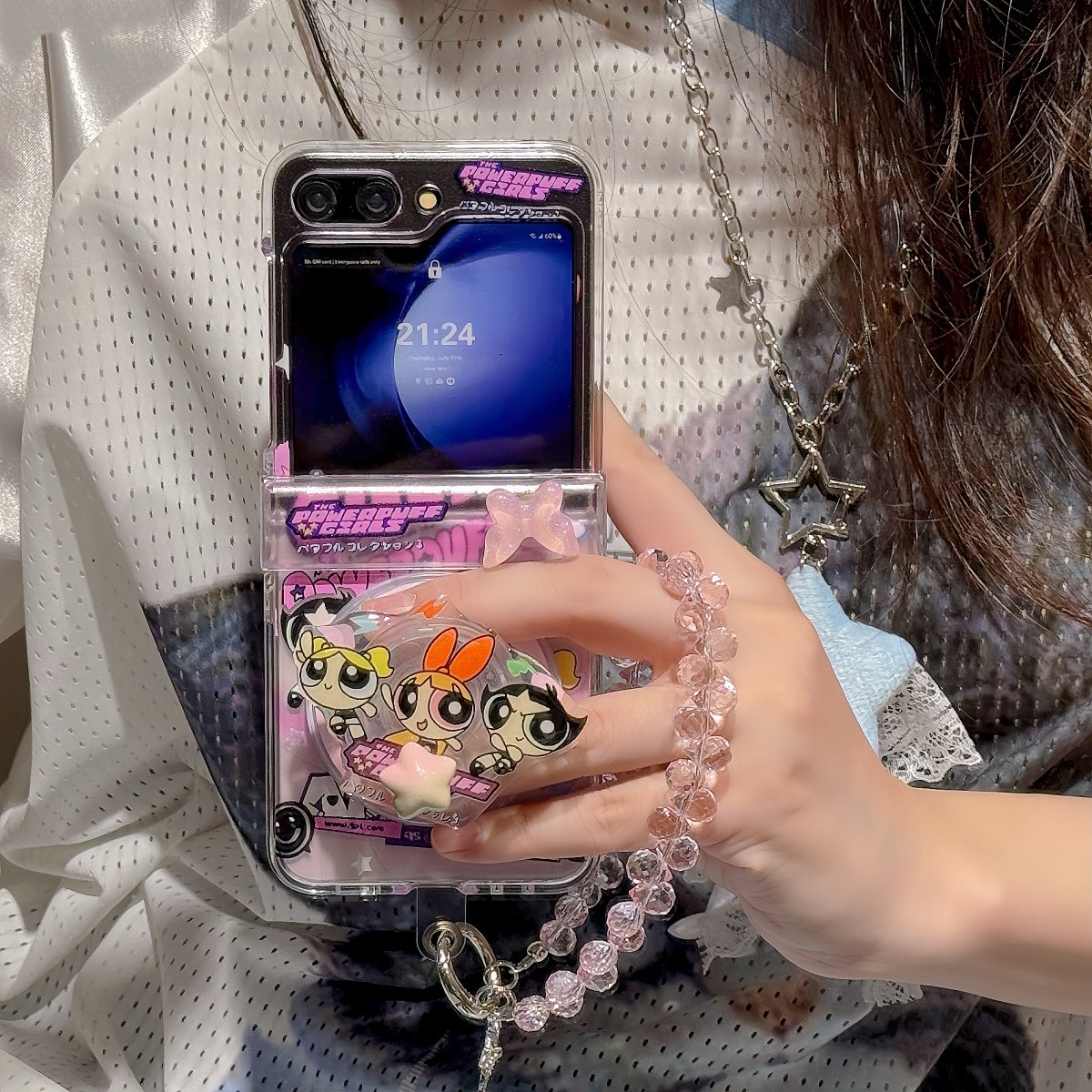 可爱卡通晕染飞天小女警磁吸支架适用三星zflip5/6手机壳保护套w24flip全包折叠屏小米mixflip防摔壳铰链个性