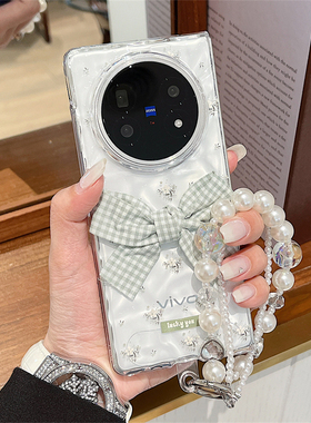 适用vivoxfold5手机壳新款折叠屏保护套XFold5皱褶纹绿色小碎花蝴蝶结带vivo翻盖防摔华为MateX6/X5/X3典藏版