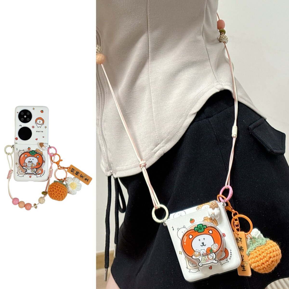 可爱趣味自潮熊好柿发生挂绳磁吸支架适用华为Pura X手机壳Pocket2折叠屏荣耀VFlip2保护套小米mixFlip护中轴