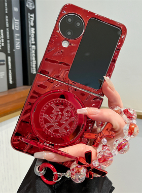 红色皱褶纹发旋转支架适用oppofindn3flip手机壳折叠屏oppo新款保护套N2Flip翻盖全包小米mixflip华为pocket2