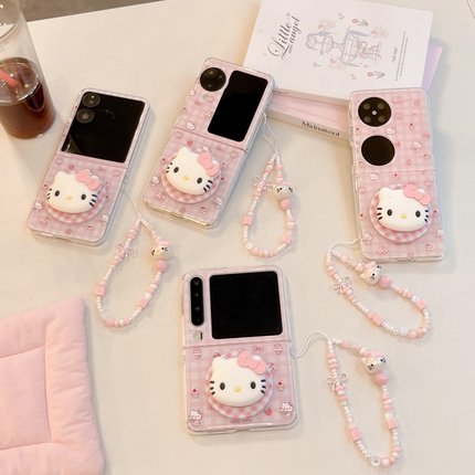 粉格子厨师帽kt猫适用华为PuraX手机壳折叠屏pocket2磁吸支架小米mixflip翻盖外壳荣耀magicvflip链条xflip2