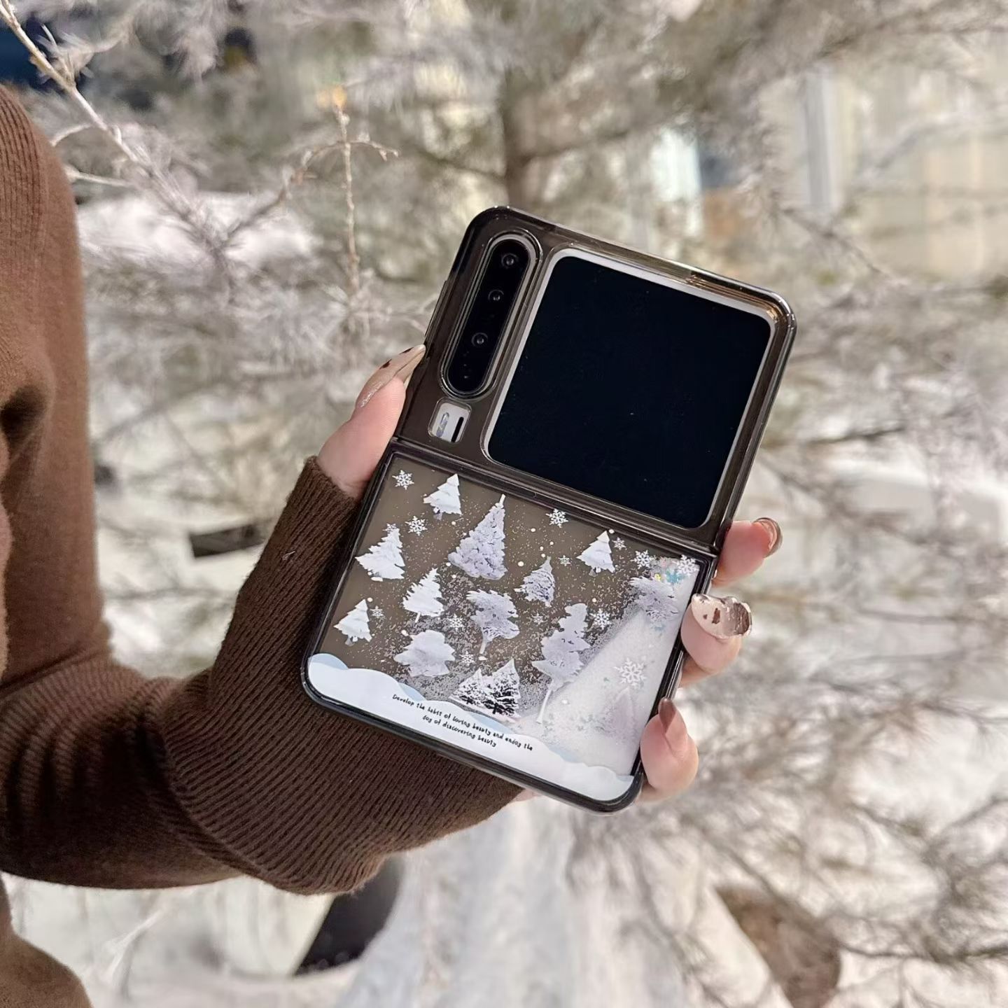 简约白色雪花森林流沙壳适用华为Pura X手机壳折叠屏pocket2保护套翻盖全包防摔pura x典藏版软胶个性男女款