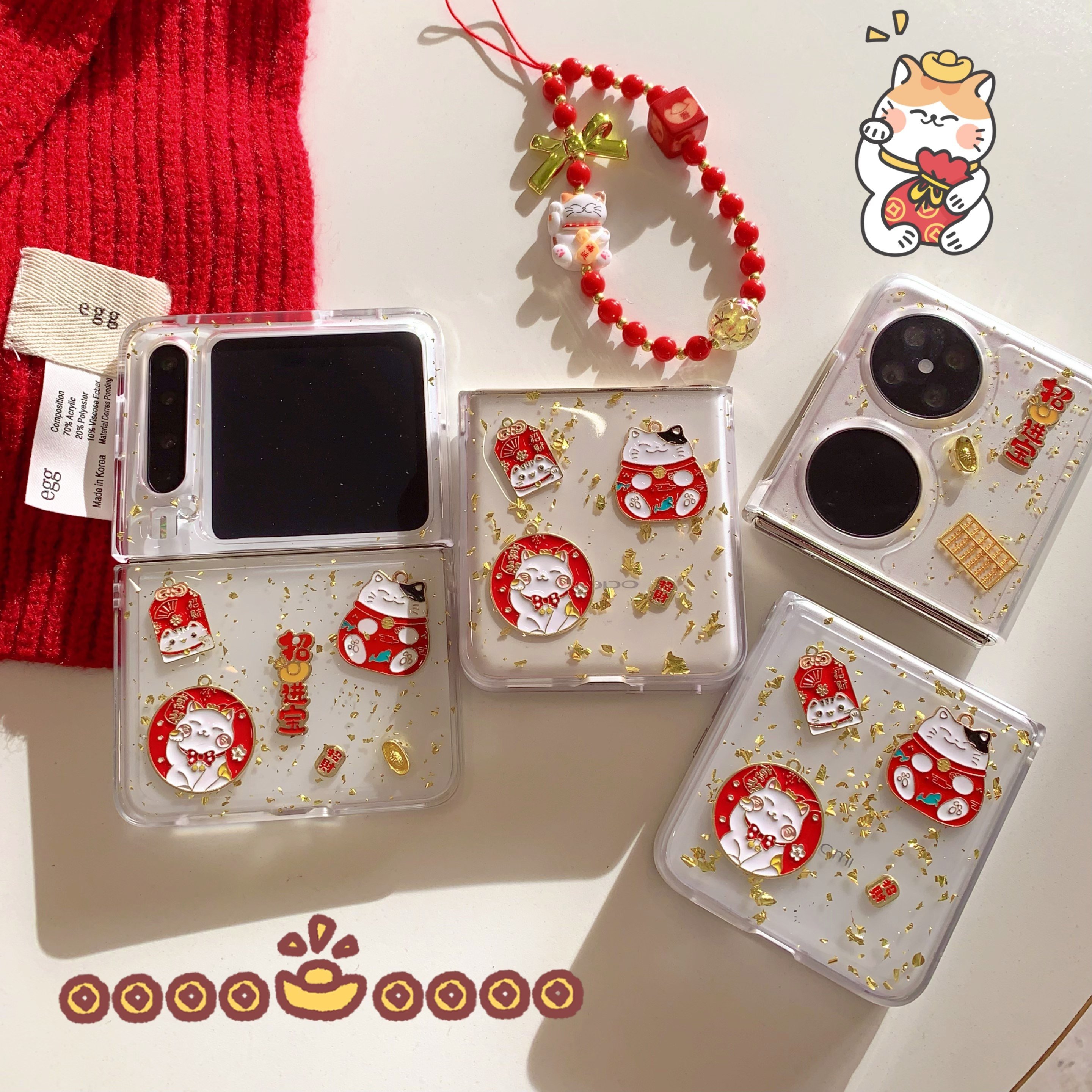 可爱卡通创意滴胶招财猫新年适用华为Pura X手机壳pocket2折叠屏小米mixflip2保护套荣耀vflip透明oppon3flip