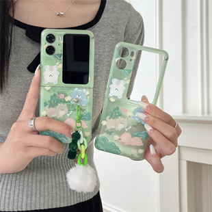 原创可爱绿底小动物狗狗适用OPPO Find N2flip手机壳保护套oppo小折叠屏findn2flip全包防摔5g软壳N2Flip挂件
