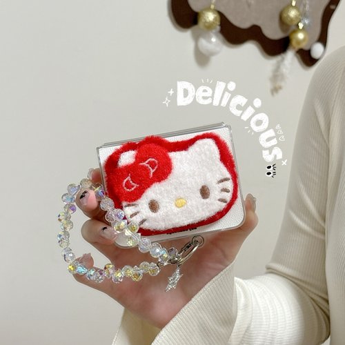 可爱卡通红色格毛绒HelloKitty猫头适用华为purax折叠屏保护套pocket2手机壳全包保护套三星zflip7/7fe/6少女