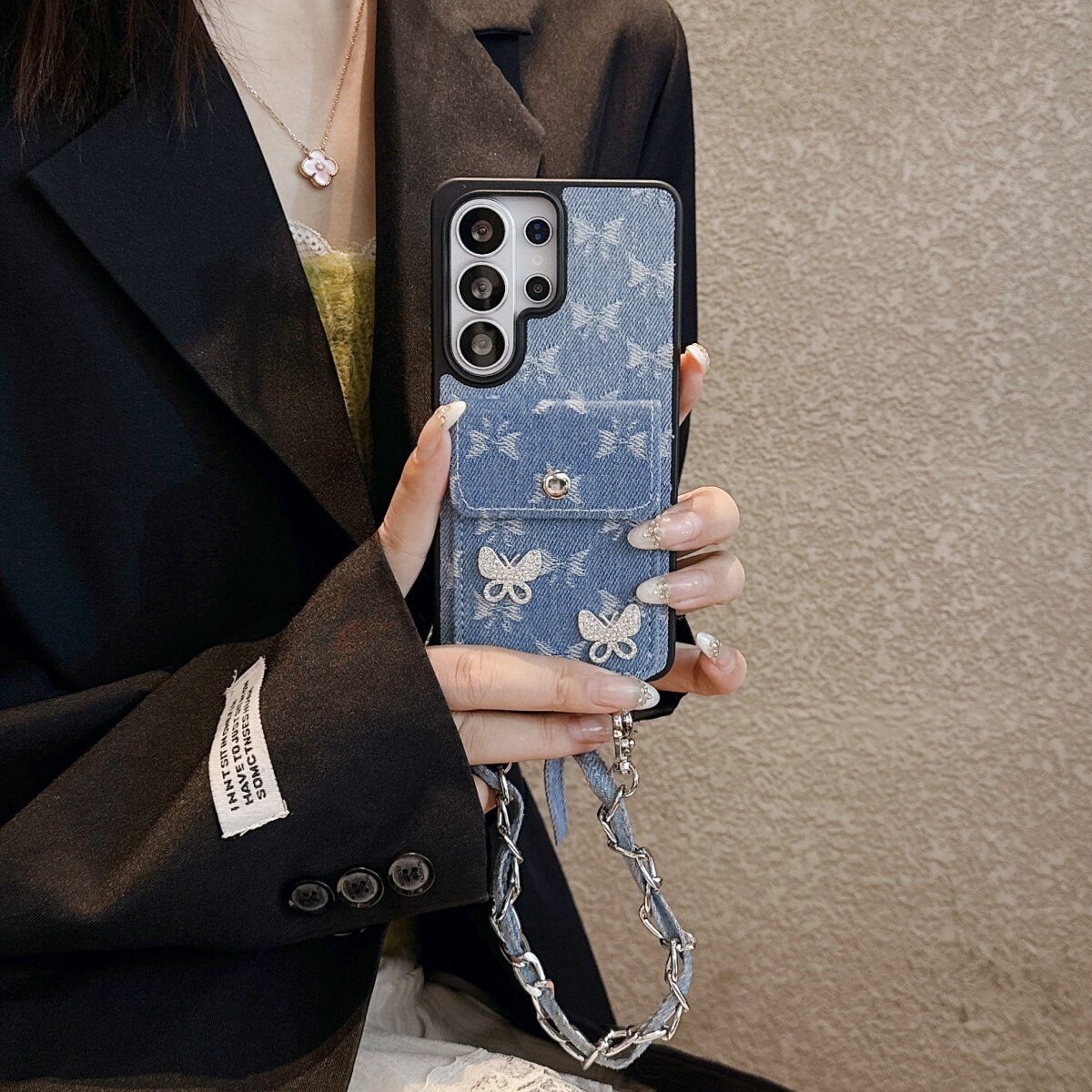 牛仔布闪钻蝴蝶卡包手提挂绳适用韩国三星GalaxyS26Ultra手机壳保护套s25ultra全包防摔s23/s24Plus女s26plus