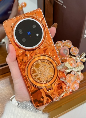 新中式橙色电镀皱褶旋转发财支架适用vivo X Fold5手机壳保护套OPPOFindN5折叠屏华为matex7全包防摔x6典藏版