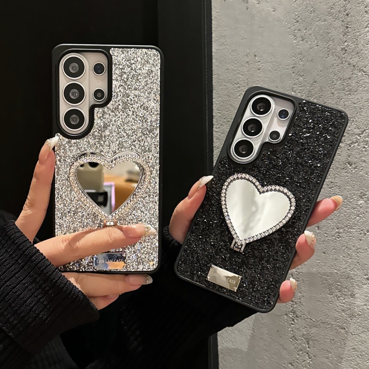 轻奢风黑银闪粉爱心镜子支架适用三星GalaxyS26Ultra手机壳保护套s25ultra全包防摔s23/s24Plus男女款s26plus