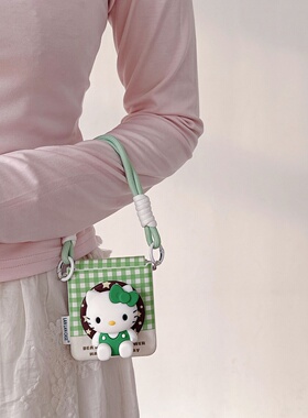 皮质格子绿色立体kt猫磁吸支架适用三星zflip7/6/5手机壳折叠小米mixFlip防摔华为PuraX荣耀vflip2护轴n3flip