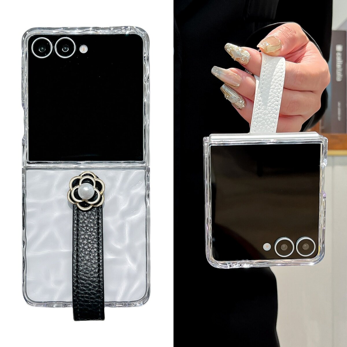 透明水波纹山茶花手皮带适用三星zflip7/6/5手机壳皱褶新款韩国Galaxyw24flip折叠屏OPPOFindN3Flip小米flip2