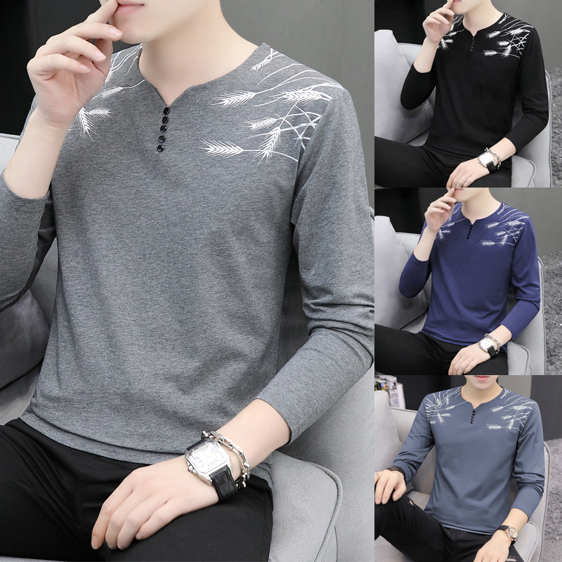 男士长袖t恤春秋季v领青年上衣服单件外穿休闲秋衣百搭帅气体恤衫