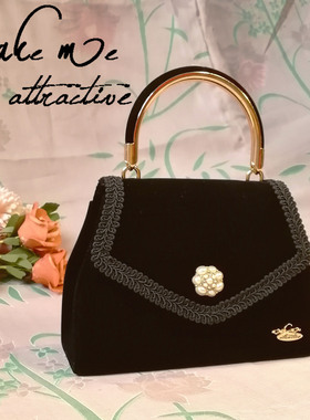 小众赫本风丝绒手提包珍珠女包时尚简约个性包复古vintage古着包