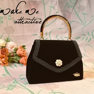 小众赫本风丝绒手提包珍珠女包时尚 包复古vintage古着包 简约个性