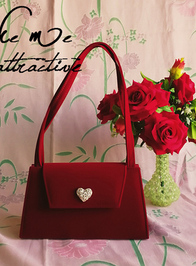 复古女包可爱心腋下包包中古丝绒新娘包手提包Lolita包古着单肩