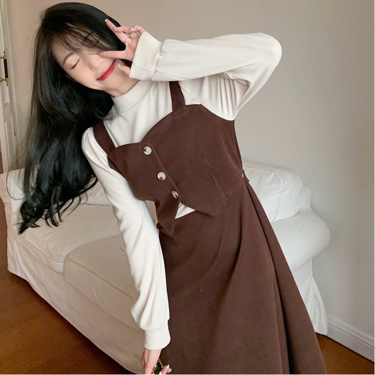 秋装假两件收腰背带 气质连衣裙长袖胖mm遮肉小个子 中长款桔梗裙