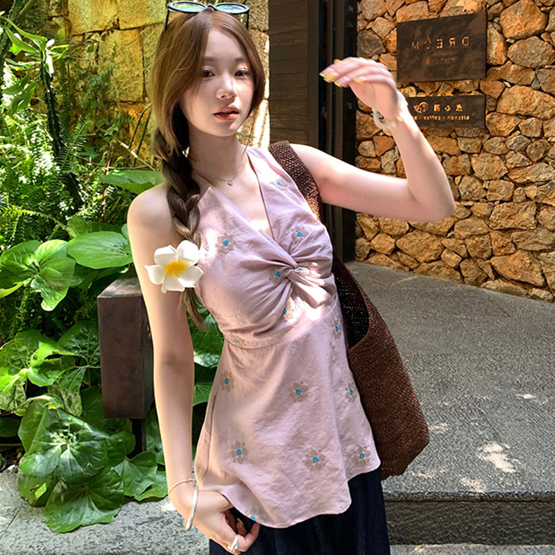 甜辣妹V领扭结无袖上衣女