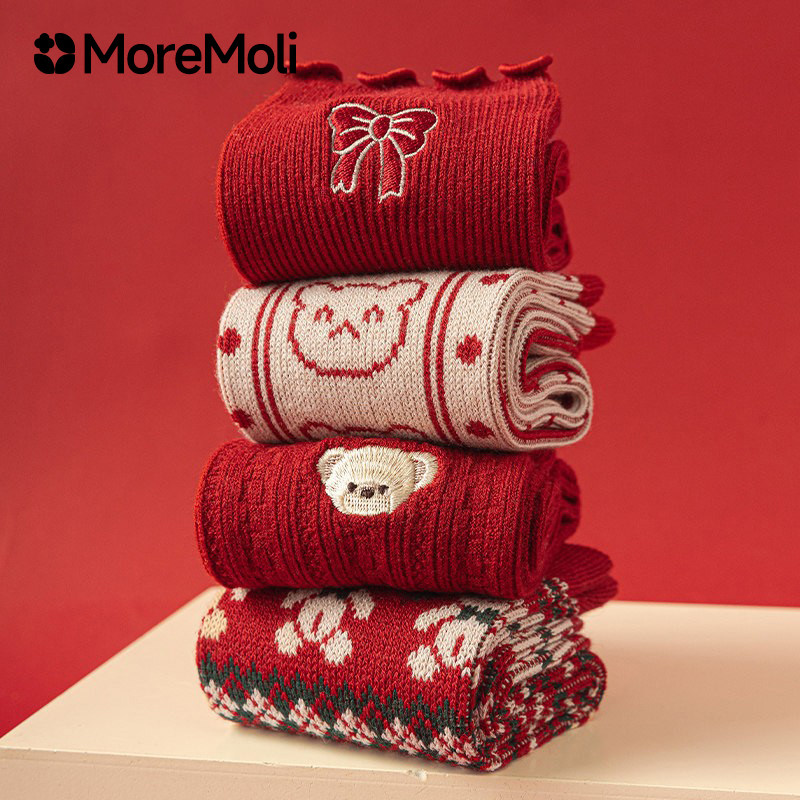 本命年礼盒装红袜子女款秋冬季羊毛保暖2025蛇年长袜大红色中筒袜