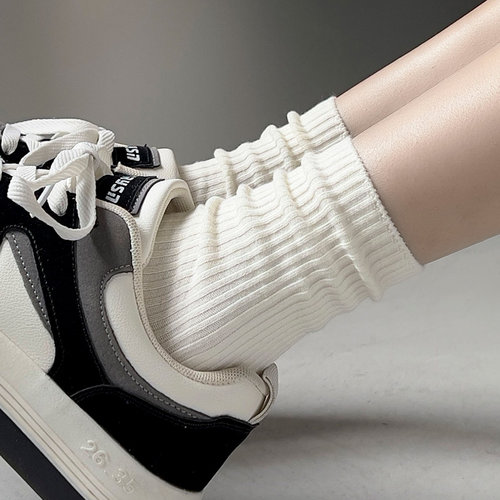 6双纯棉配乐福鞋女士白色堆堆袜