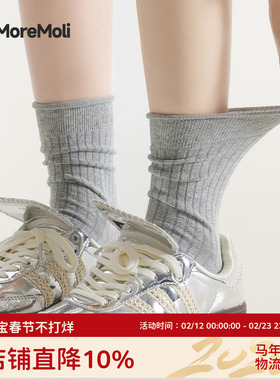 灰色袜子女纯棉配德训鞋中筒袜春秋季ins潮无骨堆堆袜秋冬月子袜