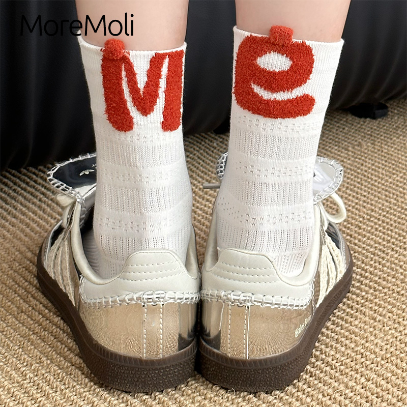 moremoli后跟字母袜子女纯棉堆堆