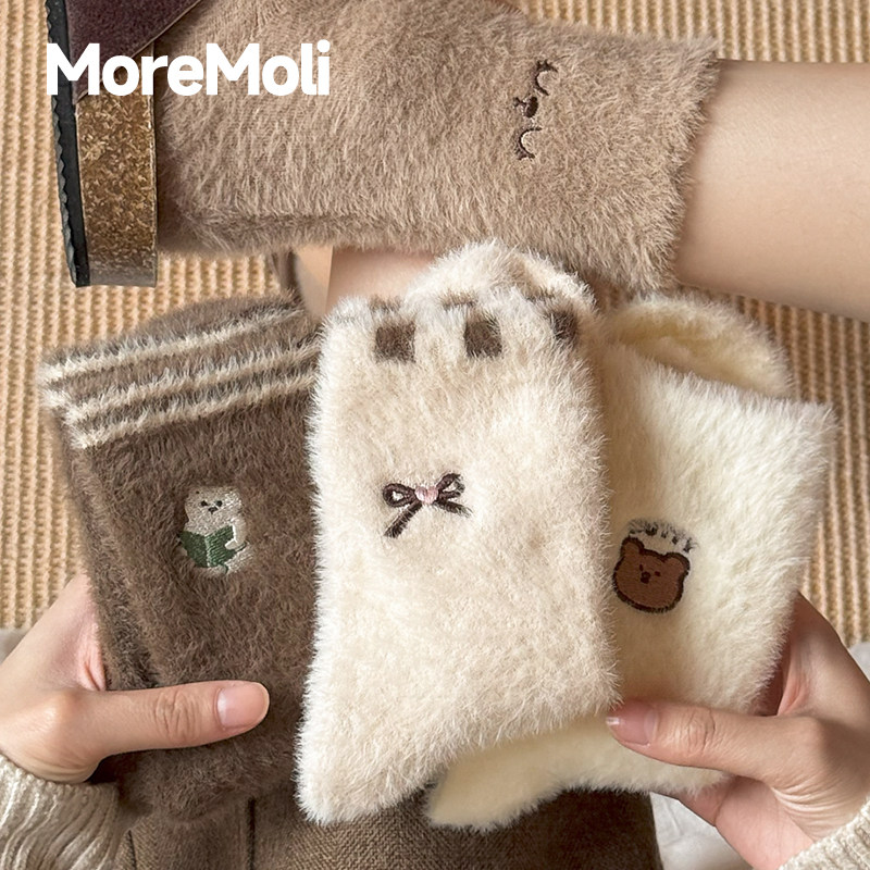 水貂绒袜子女秋冬季卡通毛绒保暖中筒袜加绒加厚冬天居家地板长袜