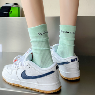 绿色袜子女中筒袜夏款 纯棉ins潮彩色运动秋冬长袜春秋白色堆堆袜