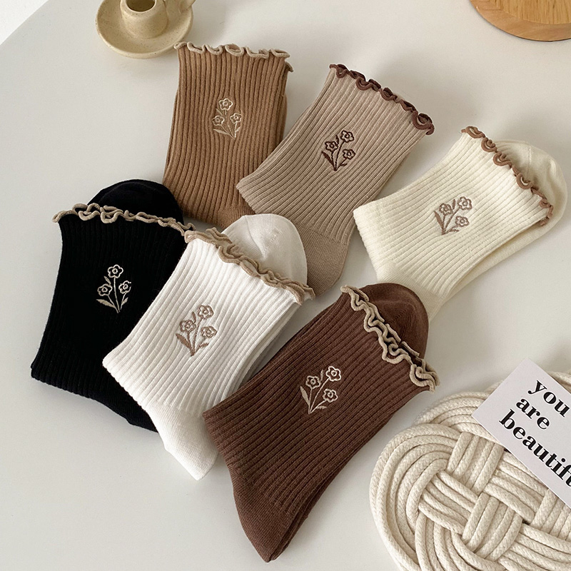 长袜子卡其棕色款纯棉花边中筒