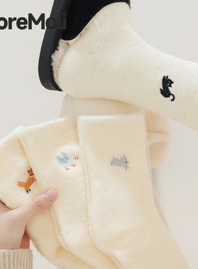 可爱袜子女秋冬白色中筒袜加绒加厚毛绒睡眠袜冬天女士居家月子袜