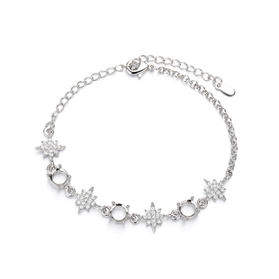 白金色六角芒星3主石铜手链空托DIY镶嵌圆形翡翠华子钻仿925银托