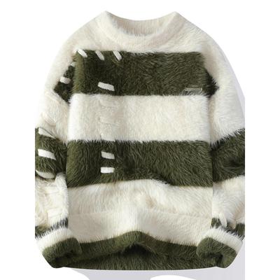 水貂绒条纹毛衣男士秋冬季线衣青少年潮牌加绒加厚保暖打底针织衫