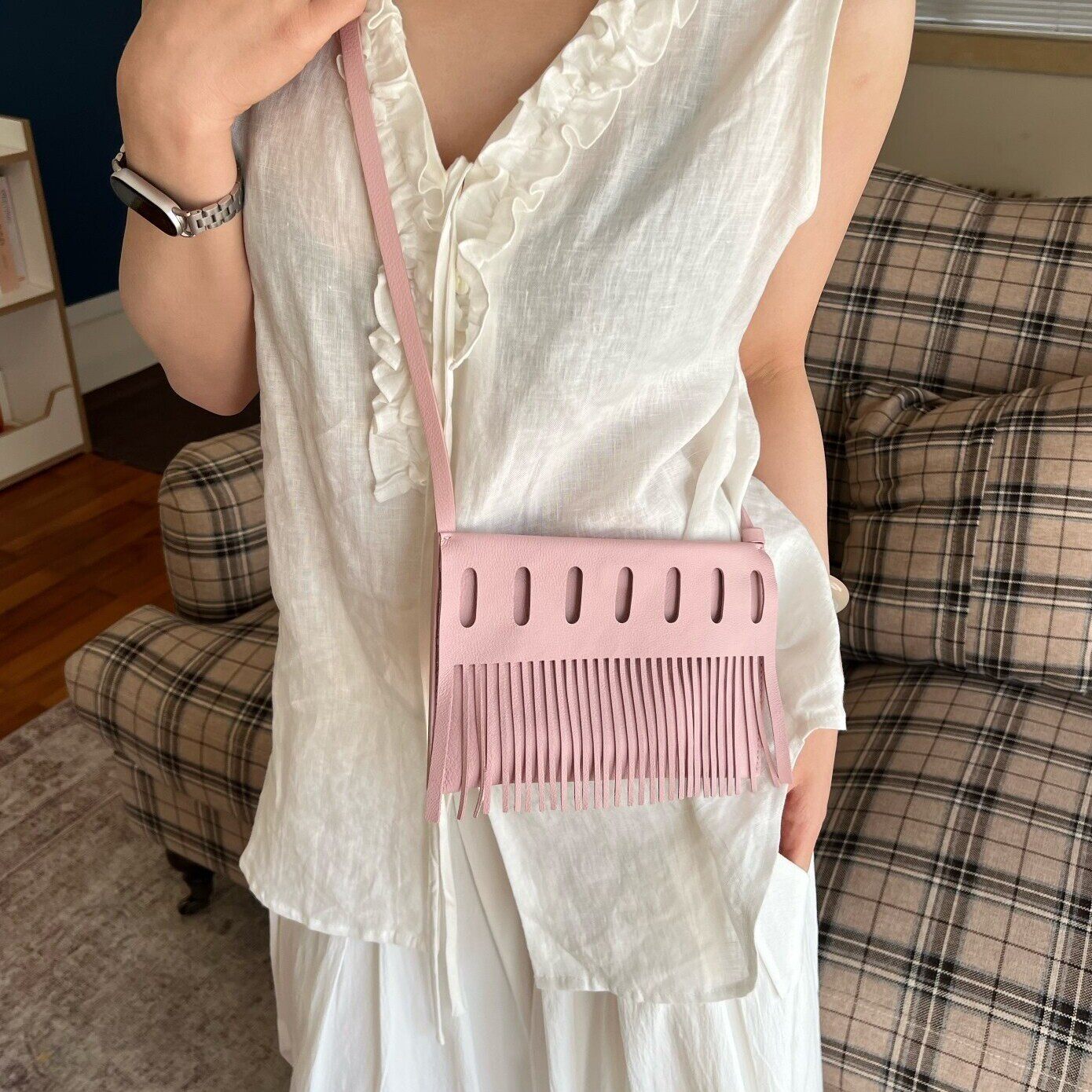 流苏头层牛皮夏集复古斜跨小方包休闲简约韩系单肩手机包