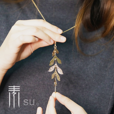 极简金色多层树叶长款项链设计师