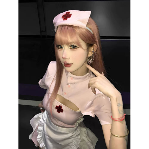 SALTCRUSH 纯欲辣妹粉色护士性感制服套装角色扮演镂空连衣裙短裙