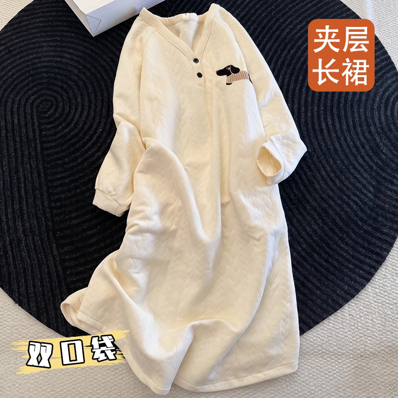 秋冬女士空气棉V领刺绣夹层睡裙