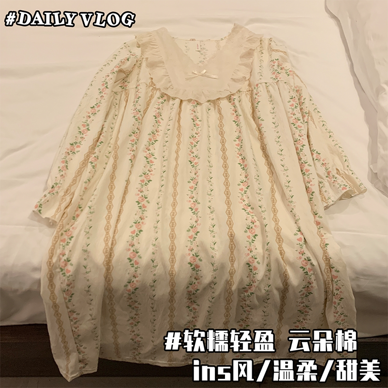 高级感云朵棉春秋季韩系家居裙2026新款薄款睡裙长袖女款睡衣减龄