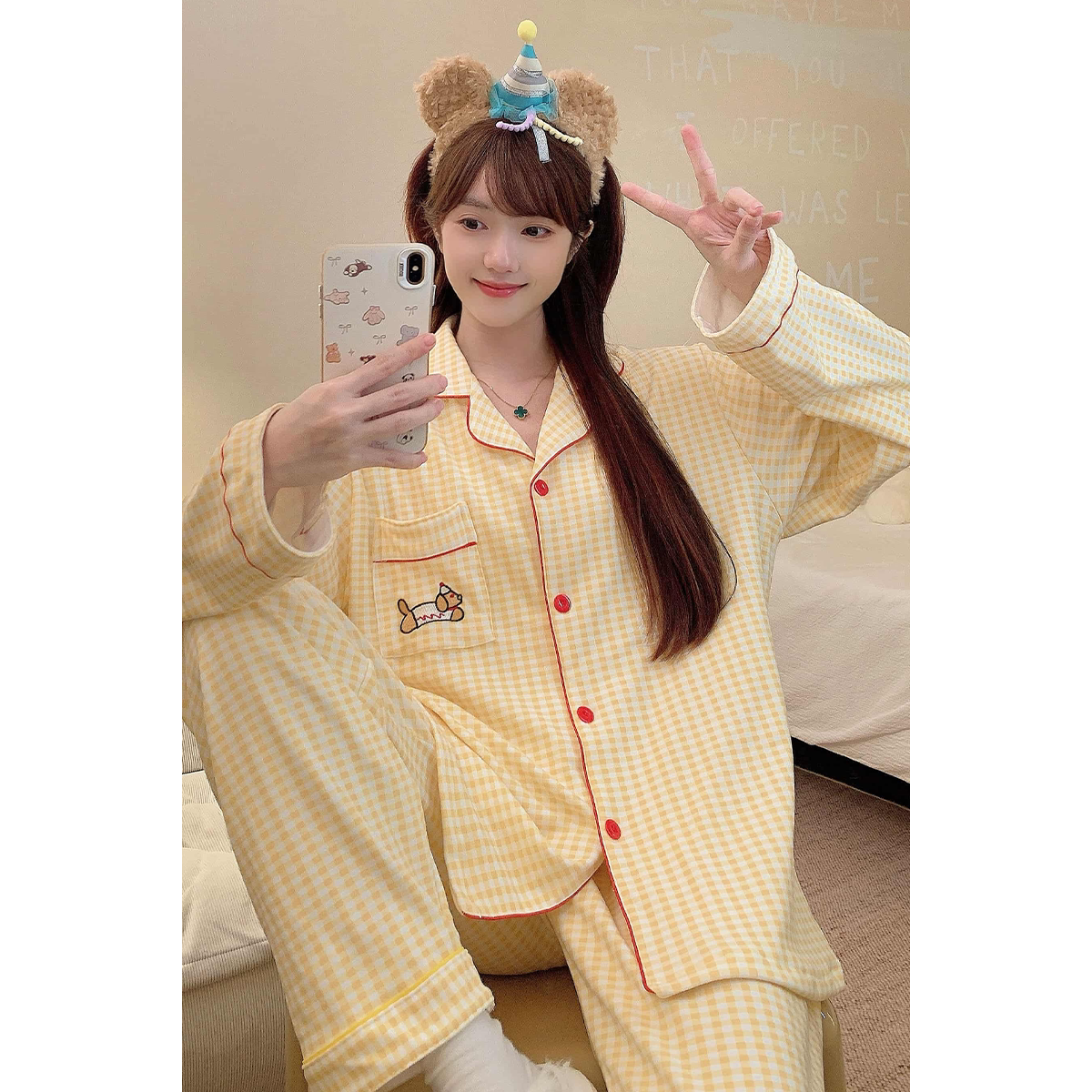 甜美双面德绒家居服睡衣卡通长袖女生套装保暖春秋款高级感可外穿