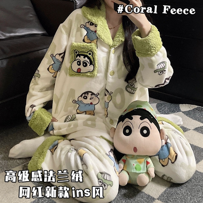 高颜值保暖珊瑚绒睡衣复古加绒加厚女生可外穿家居服秋冬季法兰绒