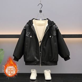 男童秋冬款皮衣外套加绒加厚2025新款冬装男孩冬季连帽儿童皮夹克