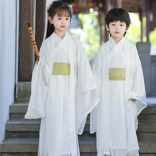 汉服儿童演出服中国风男女童白色国学服魏晋侠客古装大袖衫表演服