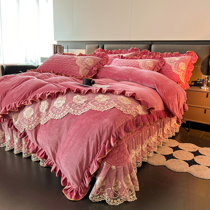 冬季保暖宝宝绒夹棉加厚床盖式4件套蕾丝花边床单床罩水晶绒被套