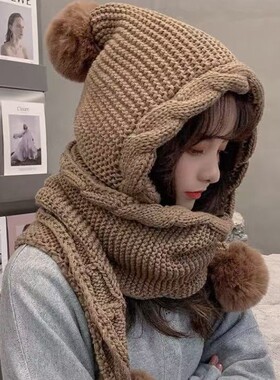 秋冬连围巾一体毛球护耳针织帽女
