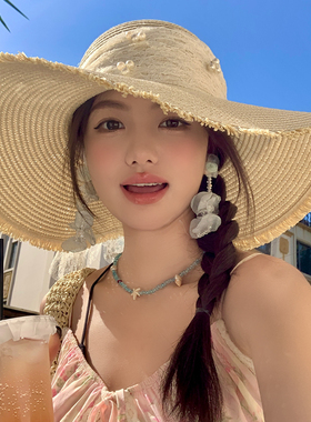 蕾丝蝴蝶结大檐防晒草帽女新款