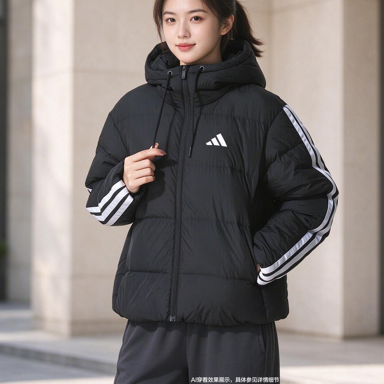 adidas阿迪达斯女装保暖连帽三条纹运动休闲短款羽绒服外套KH3978