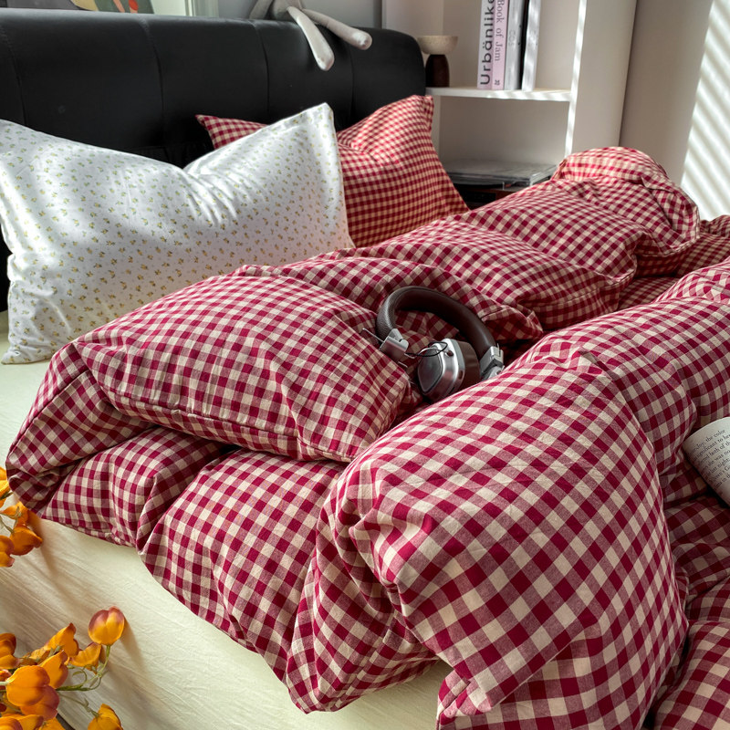 新款ins风纯棉水洗棉床上四件套全棉简约色织学生被罩床单三件套,床上用品,床品套件/四件套/多件套,淘宝优惠券,粉丝福利购,淘宝优惠卷